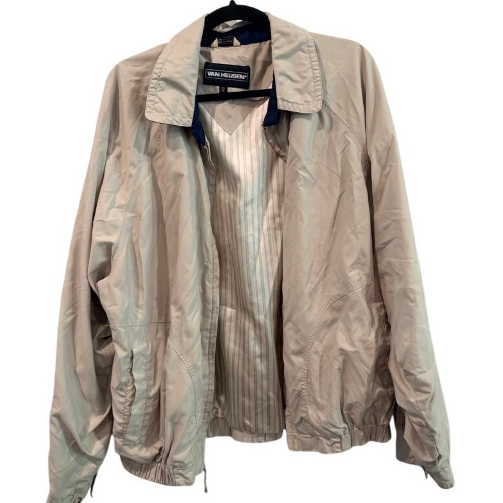 Van Heusen Mens XL Tan Beige Zip Up Windbreaker Jacket Pinstripe Lined Light